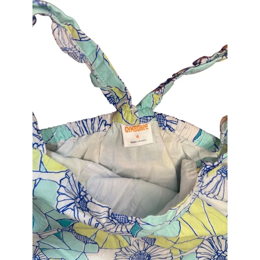 Gymboree Girls Floral Ruffle Strap Tank Top Blue Yellow Green Shimmer Size 6